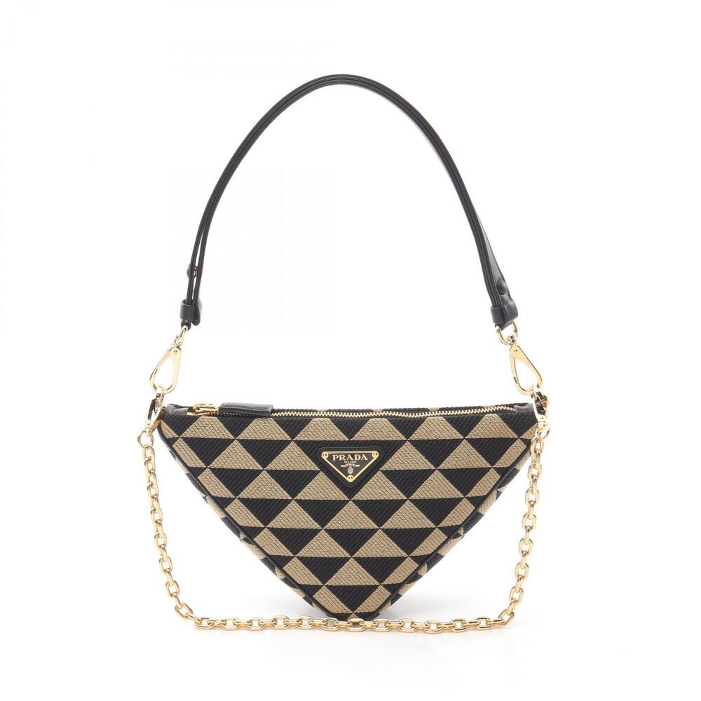 Prada Triangle Shoulder Bag Canvas Leather Beige Black